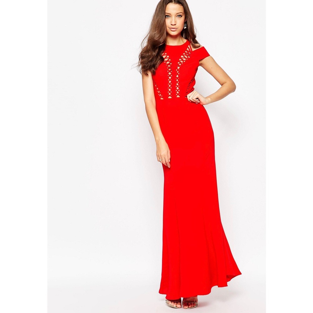 Jarlo Red Bardot Shoulder Maxi Dress